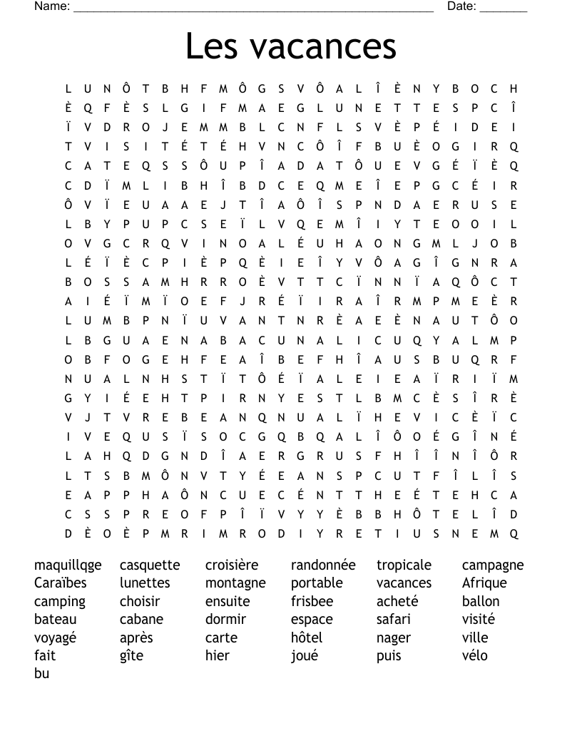 Les vacances Word Search
