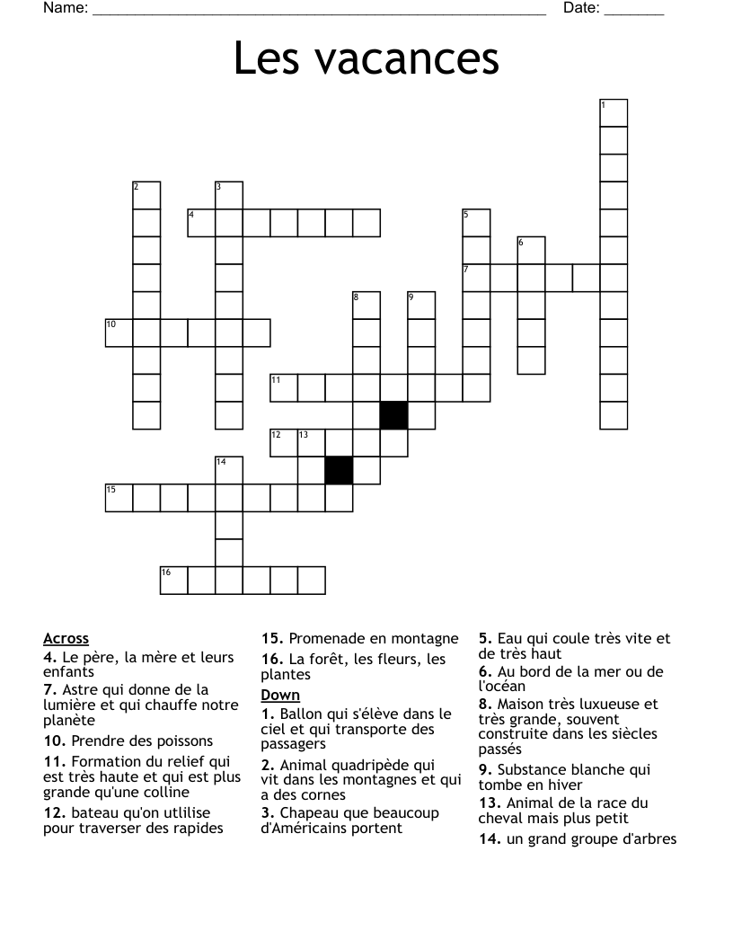 Les vacances Crossword