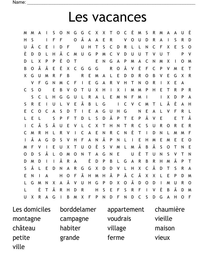 Les vacances Word Search