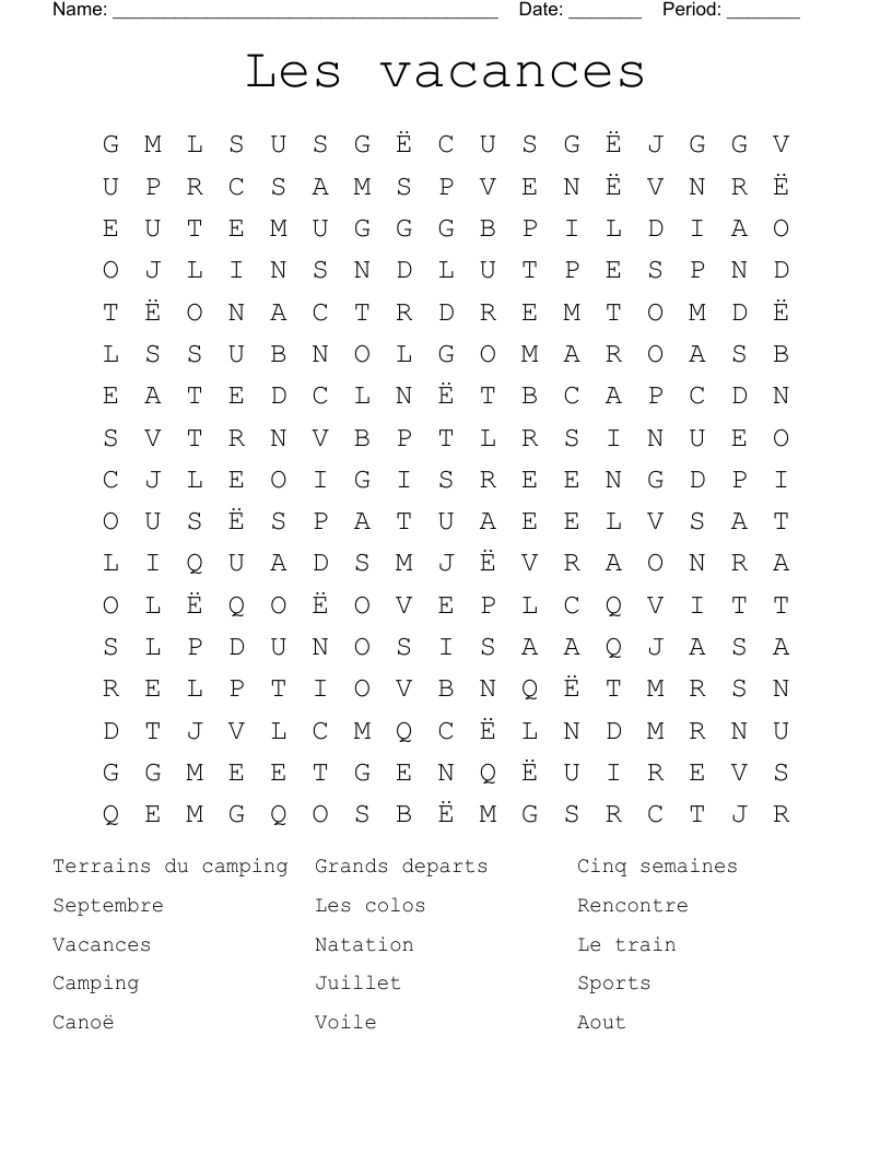 Les vacances Word Search
