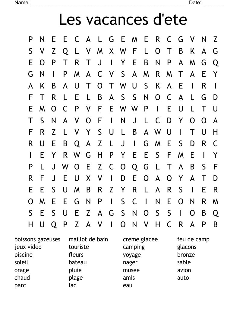Les vacances d'ete Word Search
