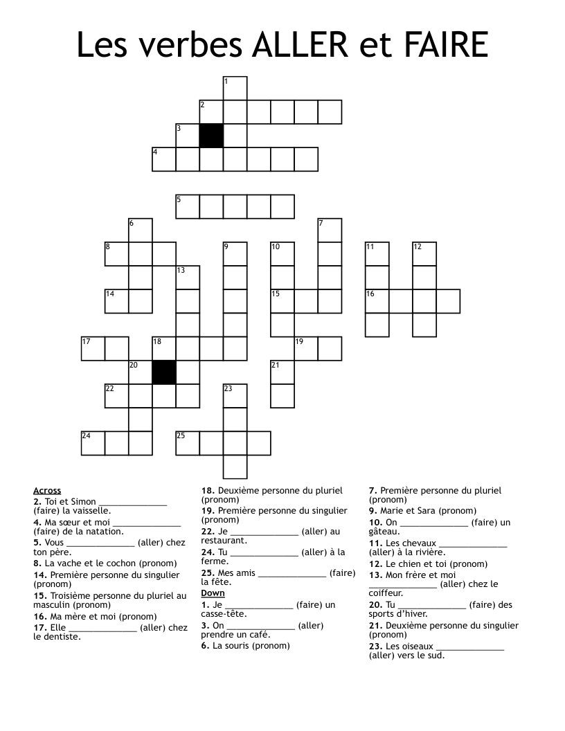 Les verbes ALLER et FAIRE Crossword