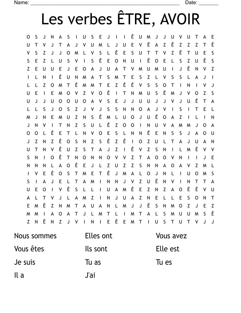 Les verbes ÊTRE,  AVOIR Word Search