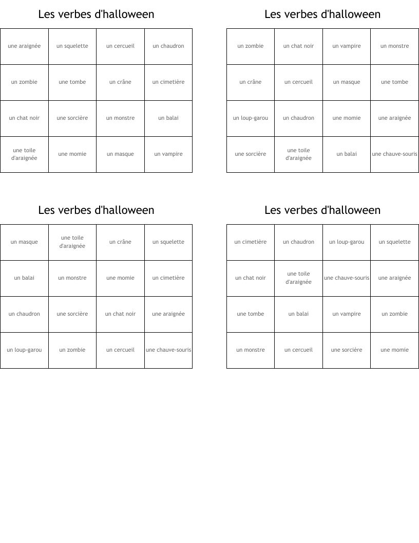 Les verbes d'halloween Bingo Cards
