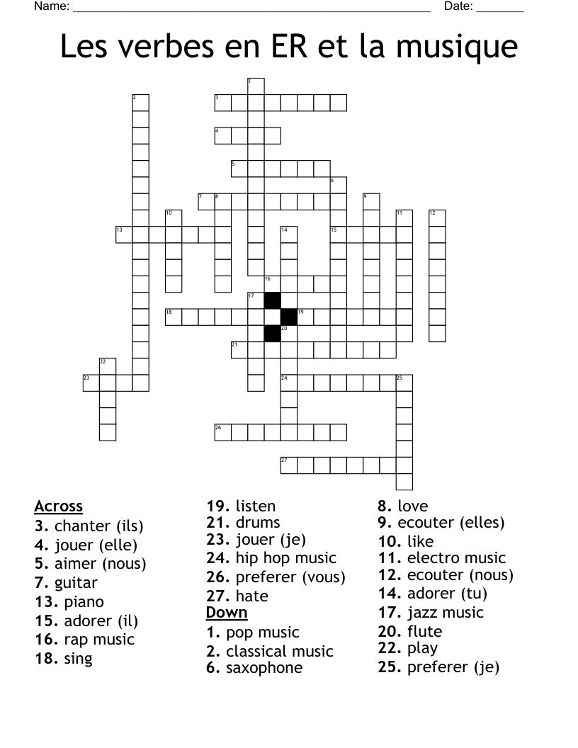 Les verbes en ER et la musique Crossword