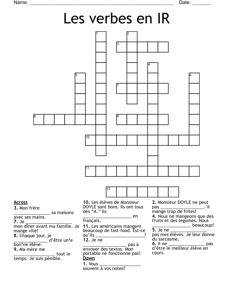 Les verbes en IR Crossword