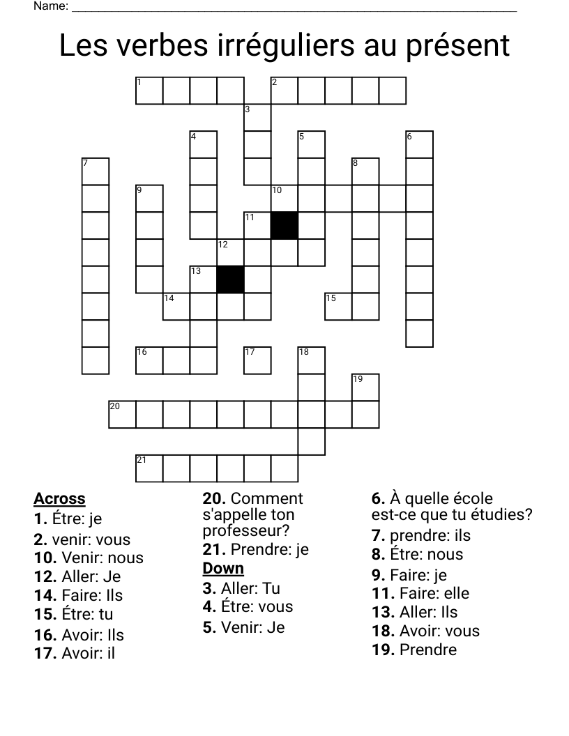 Les verbes irréguliers au présent Crossword