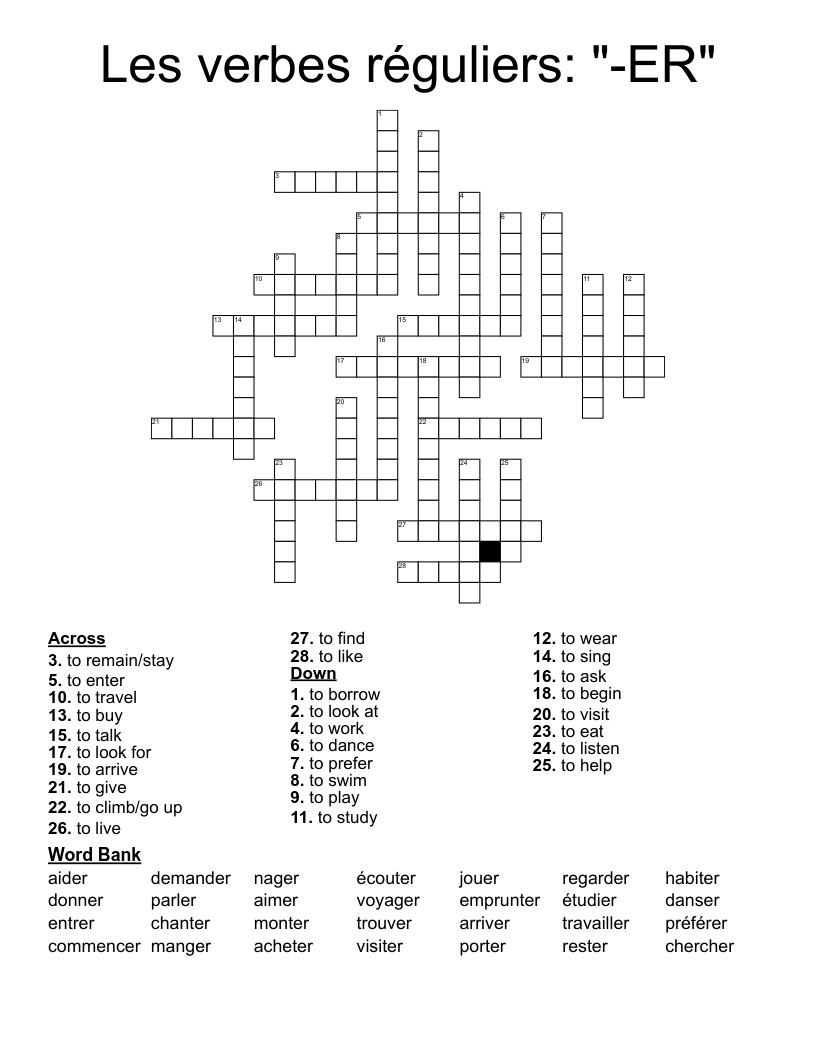 Les verbes réguliers:  "-ER" Crossword