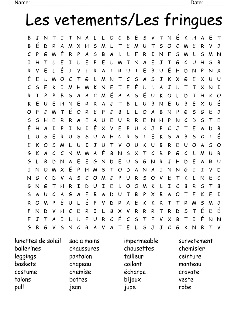 Les vetements/Les fringues Word Search