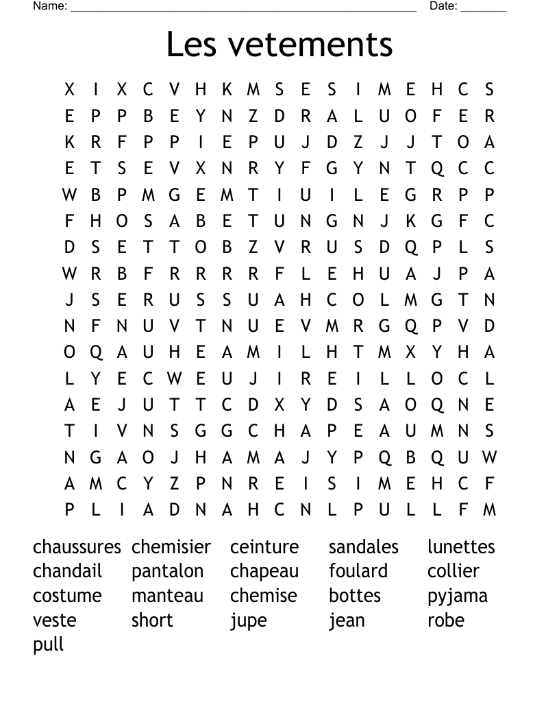 Les vetements Word Search