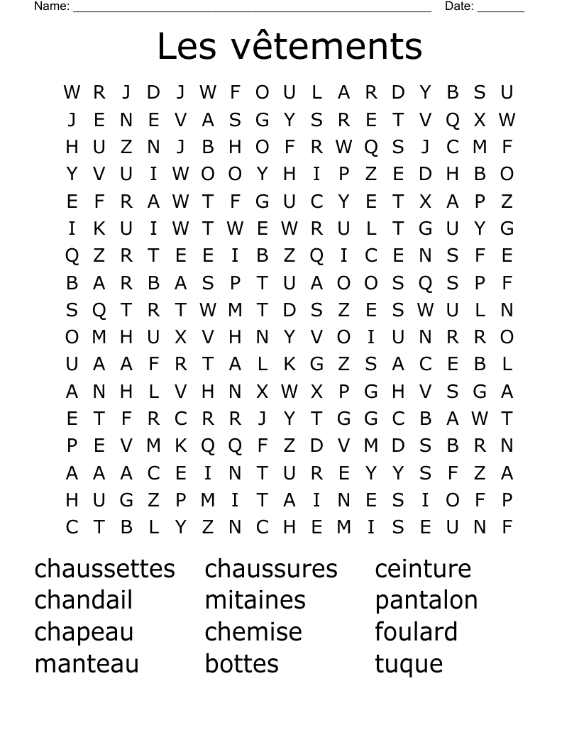 Les vêtements Word Search