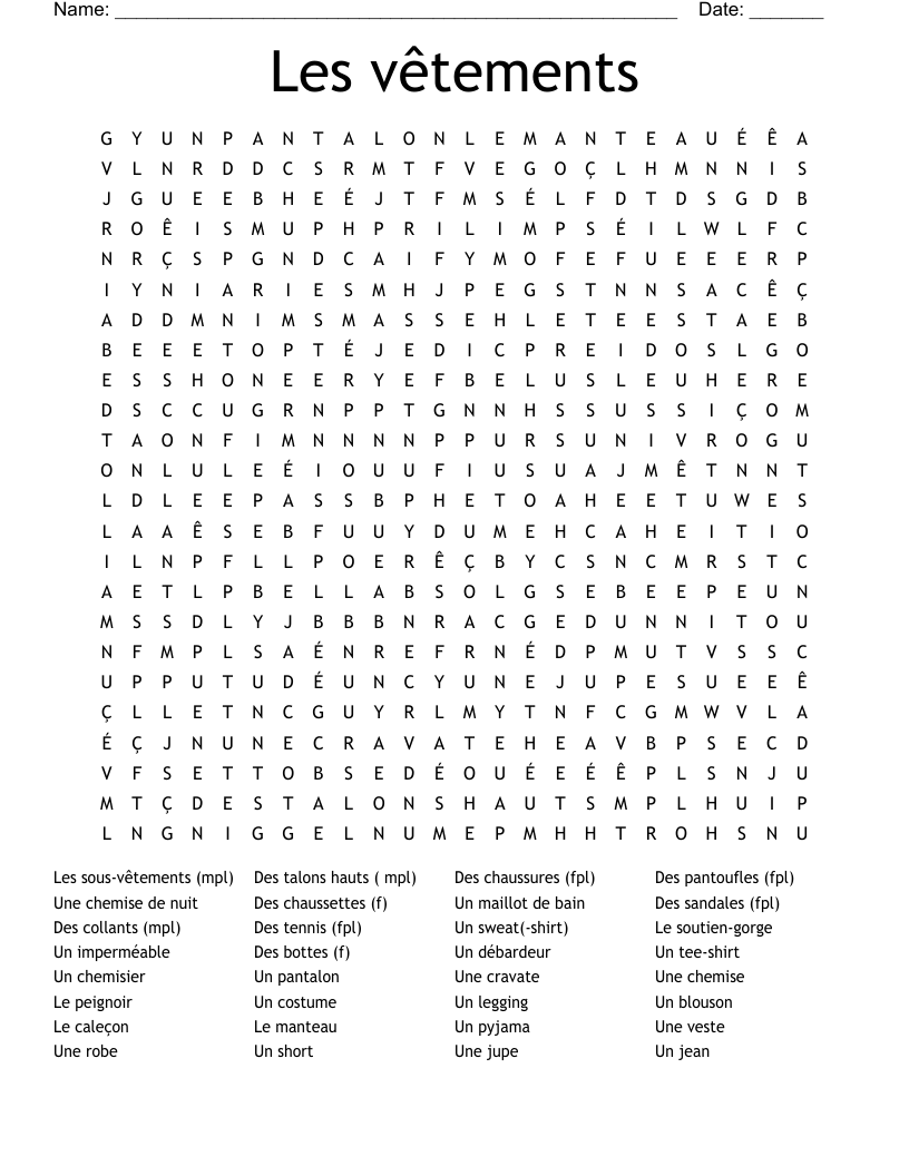 Les vêtements Word Search