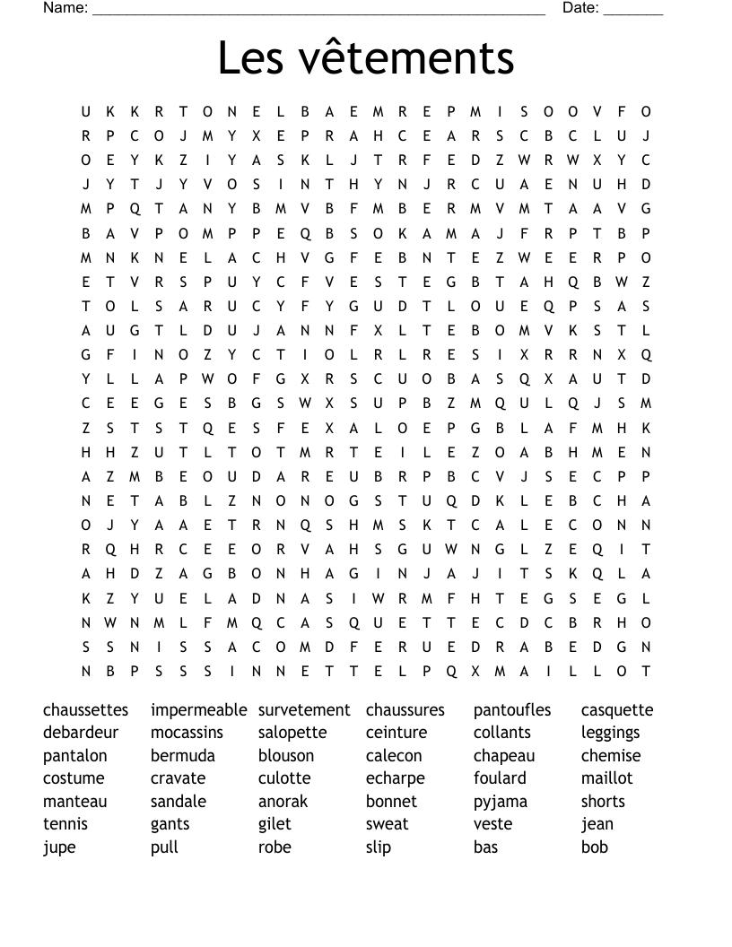 Les vêtements Word Search