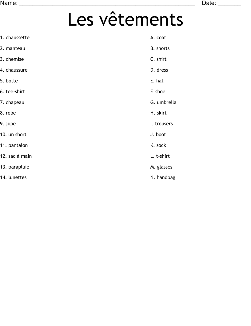 Les vêtements Worksheet