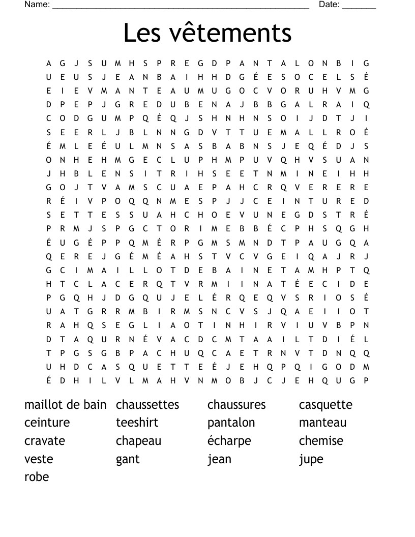 Les vêtements Word Search