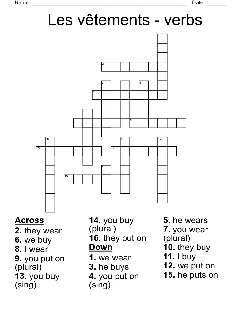 Les vêtements - verbs Crossword