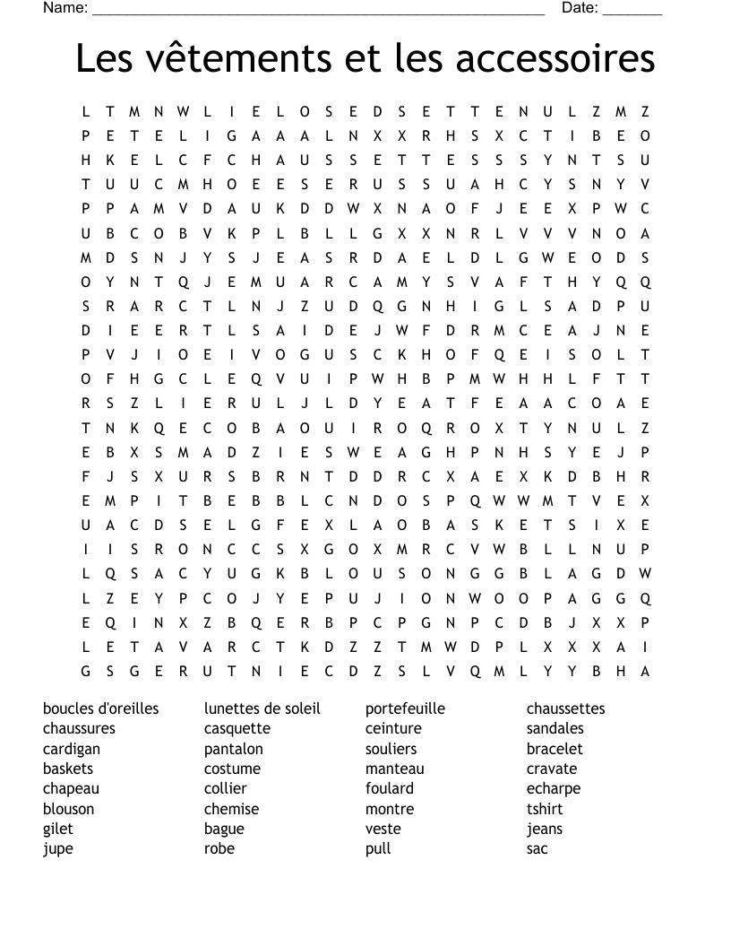 Les vêtements et les accessoires Word Search