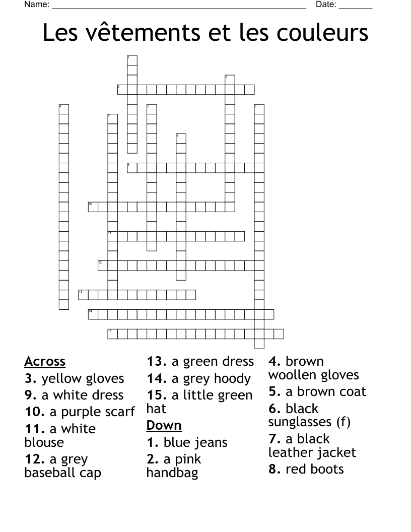 Les vêtements et les couleurs Crossword