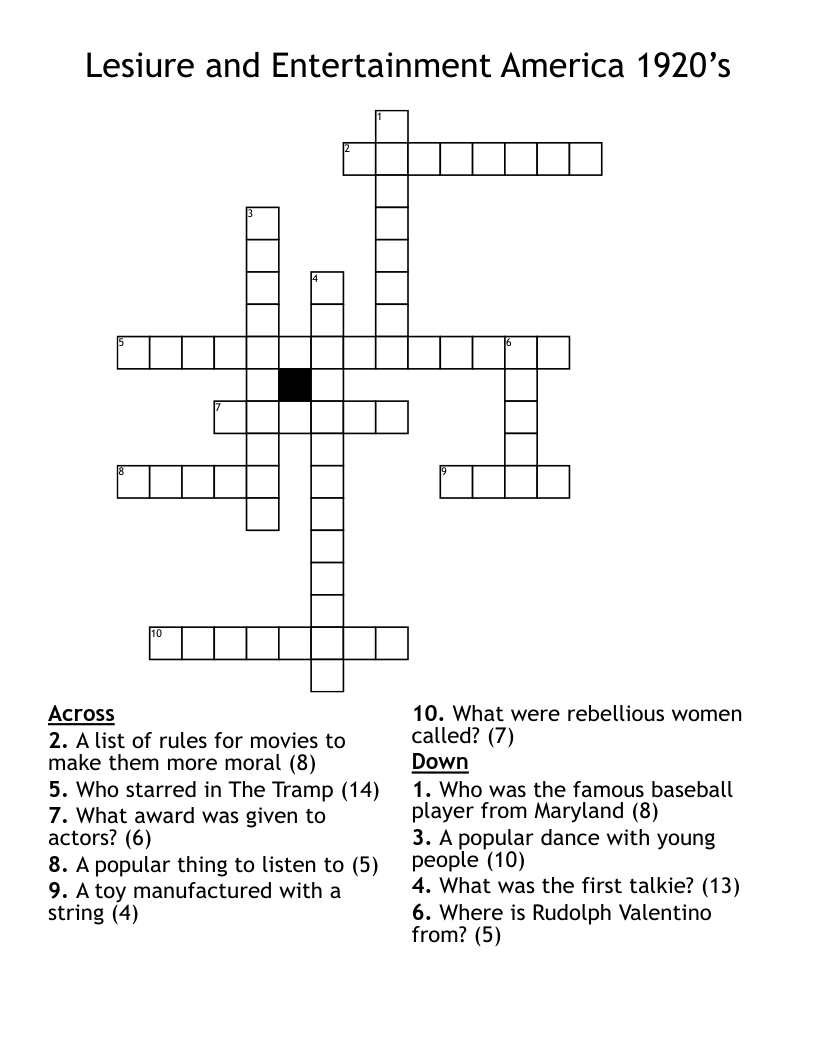 Lesiure and Entertainment America 1920’s Crossword