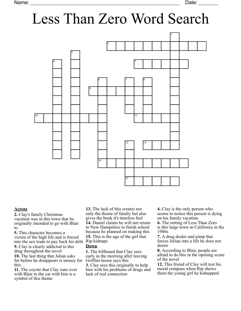Less Than Zero Word Search Crossword