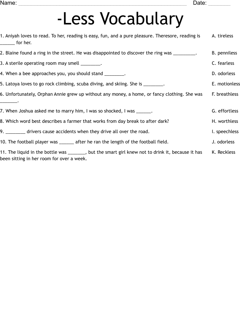 -Less Vocabulary Worksheet