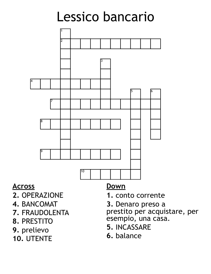 Lessico bancario Crossword
