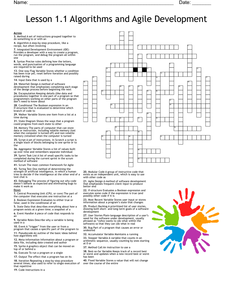 Lesson 1.1 Algorithms and Agile Development  Crossword