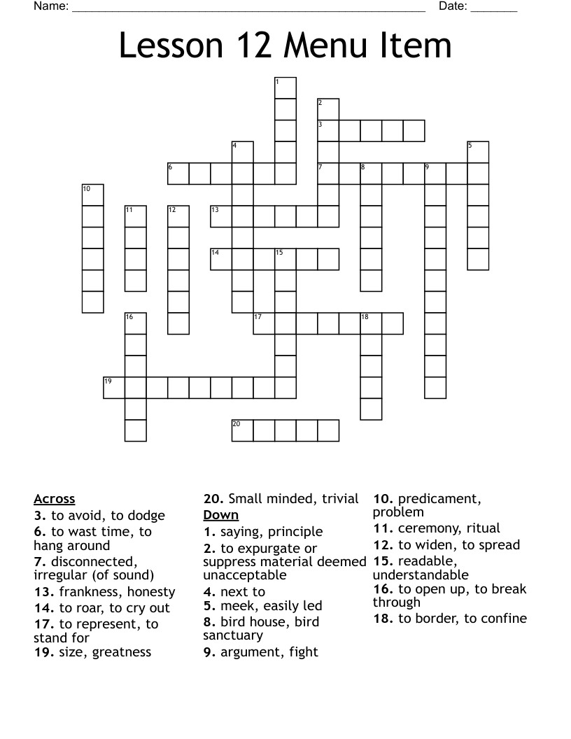 Lesson 12 Menu Item Crossword