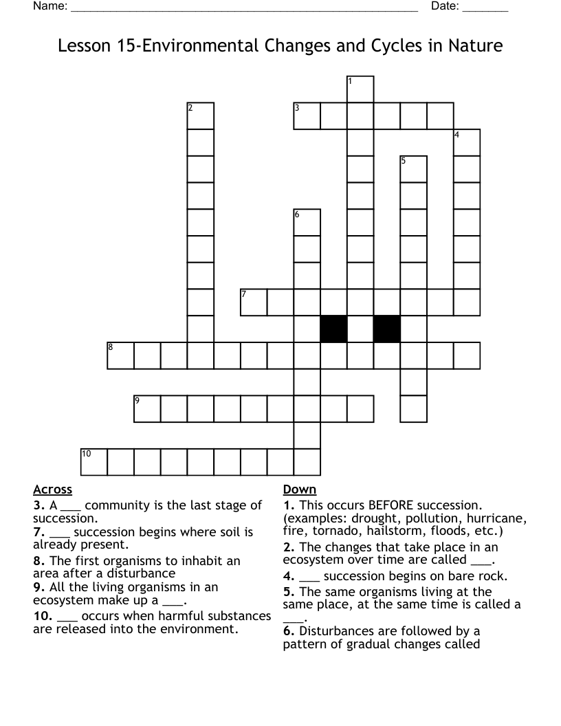 Lesson 15-Environmental Changes and Cycles in Nature Crossword
