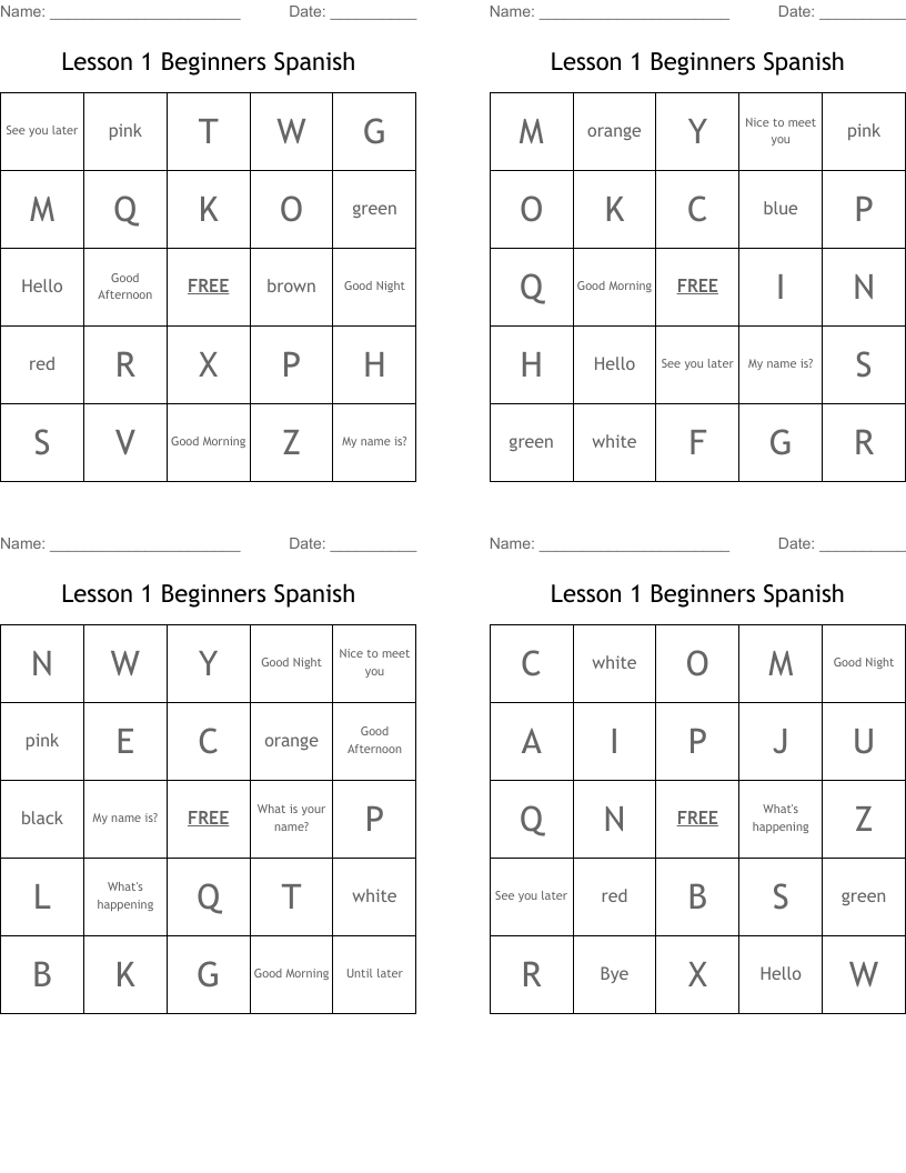 Lesson 1 Beginners Spanish Bingo Cards