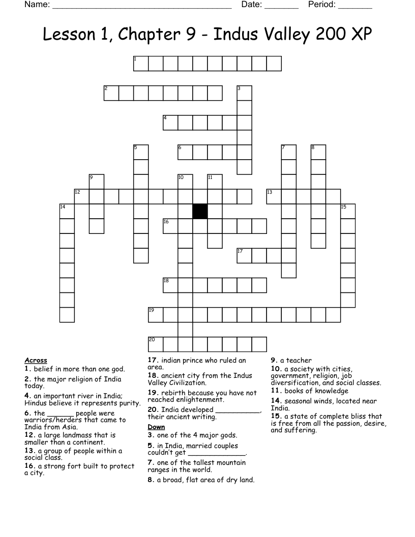 Lesson 1, Chapter 9 - Indus Valley 200 XP Crossword