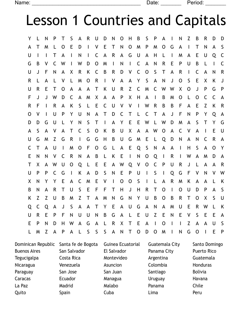 Lesson 1 Countries and Capitals Word Search