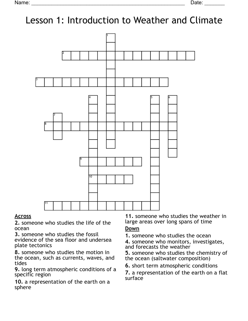 Lesson 1: Introduction to Weather and Climate Crossword