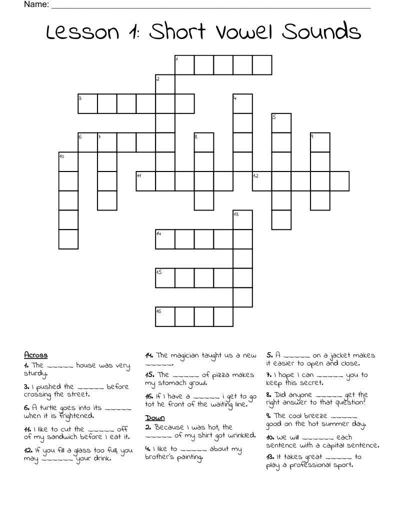 Lesson 1: Short Vowel Sounds Crossword