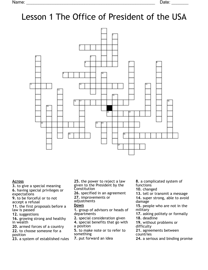 Lesson 1 The Office of President of the USA Crossword