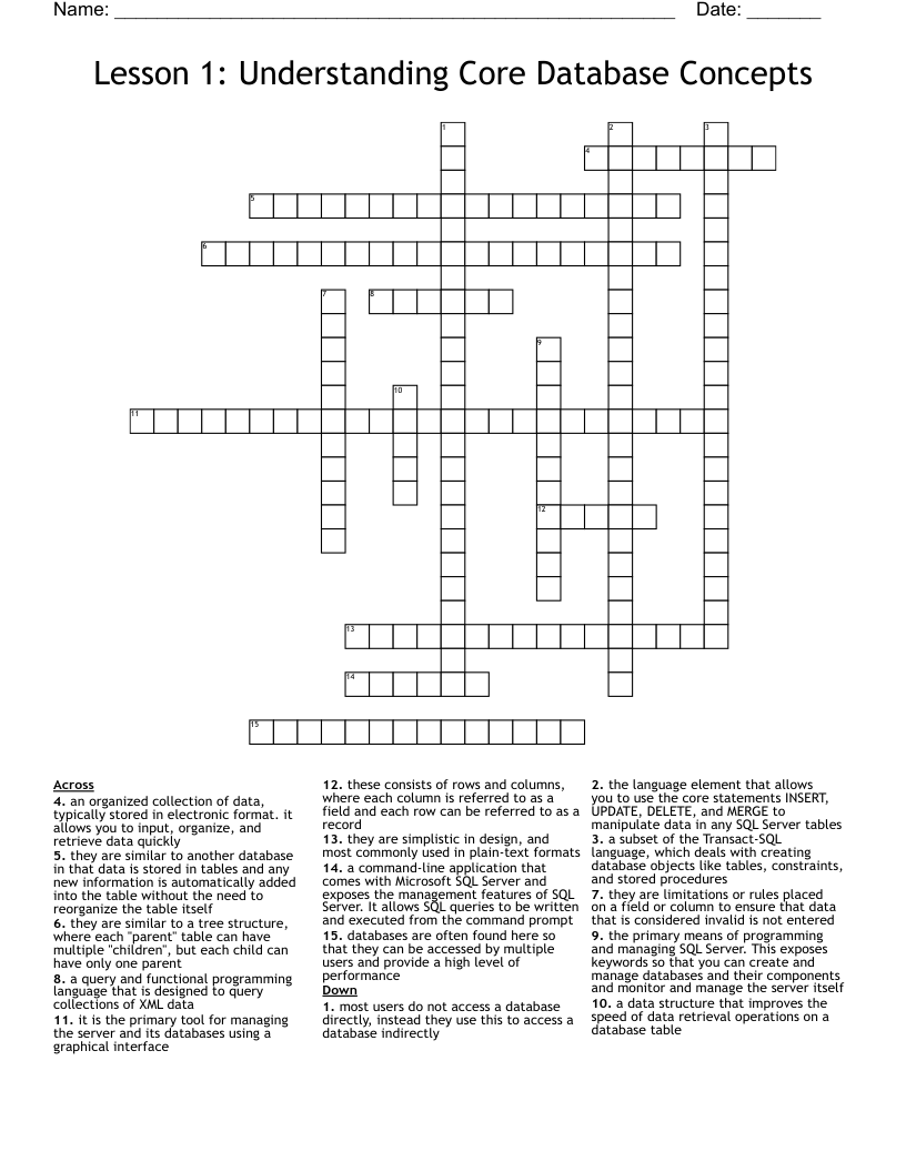 Lesson 1: Understanding Core Database Concepts Crossword