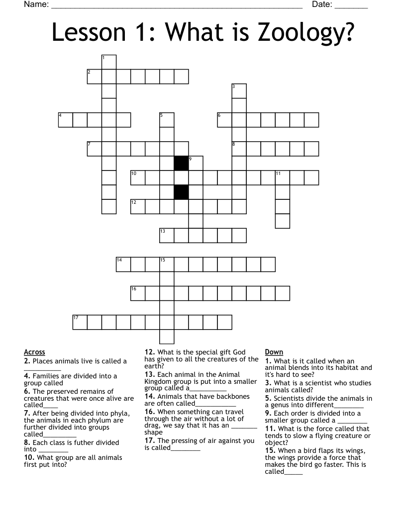 Lesson 1: What is Zoology? Crossword