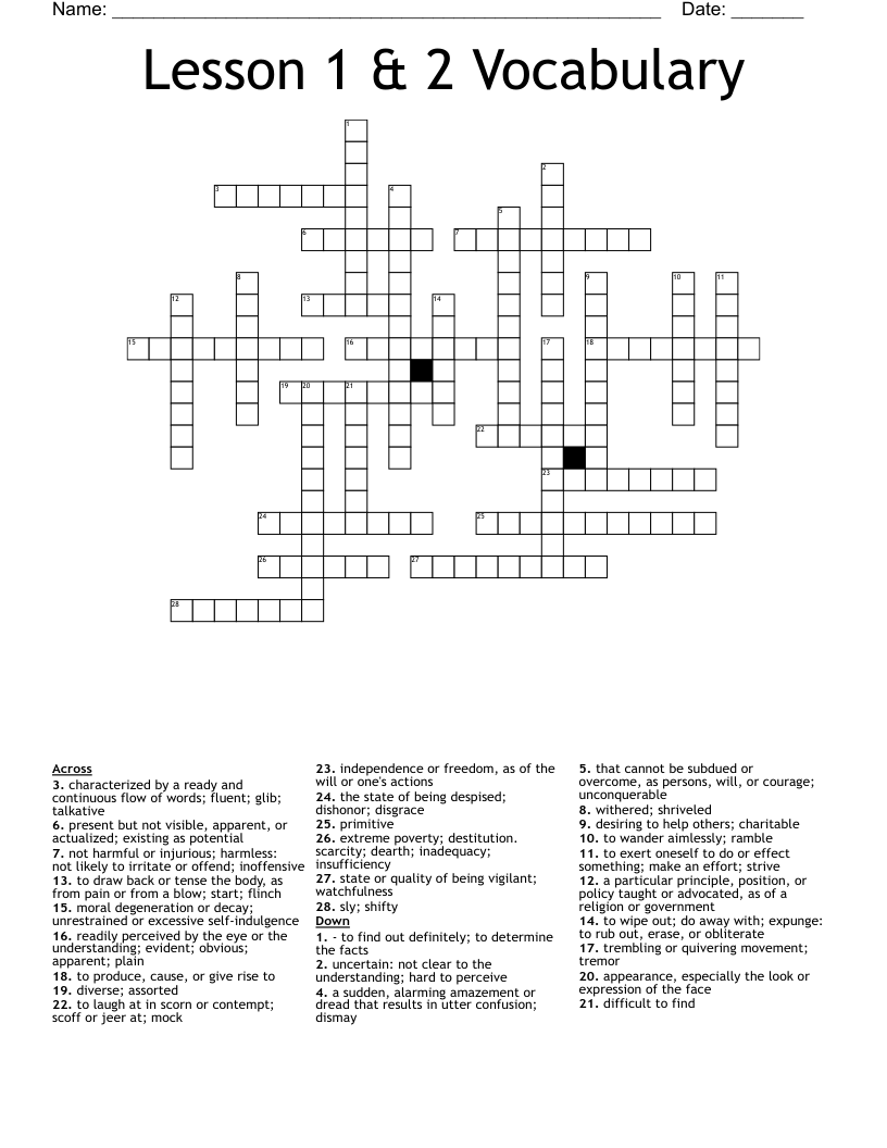 Lesson 1 & 2 Vocabulary Crossword