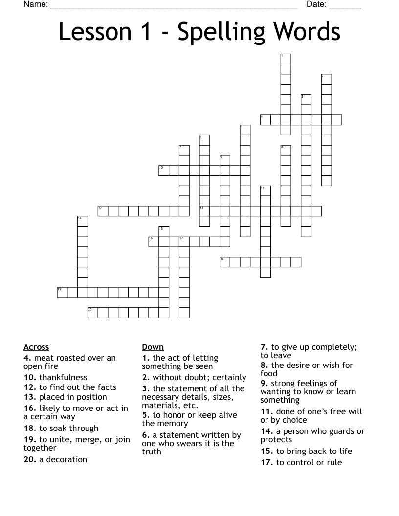 Lesson 1 - Spelling Words Crossword