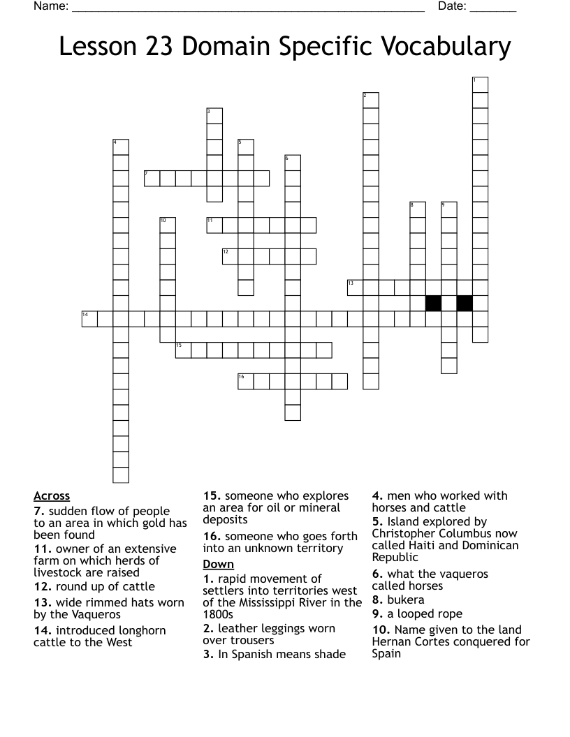 Lesson 23 Domain Specific Vocabulary Crossword