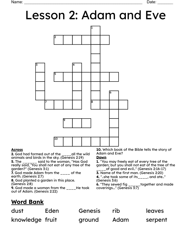 Lesson 2: Adam and Eve Crossword