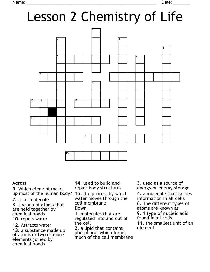 Lesson 2 Chemistry of Life Crossword
