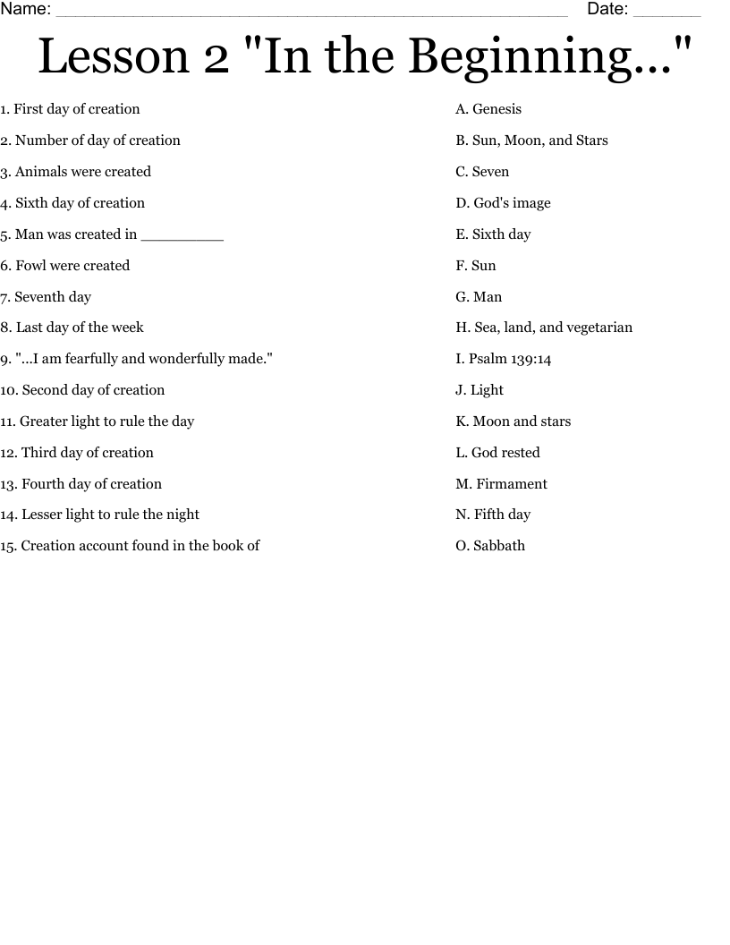 Lesson 2 "In the Beginning..." Worksheet