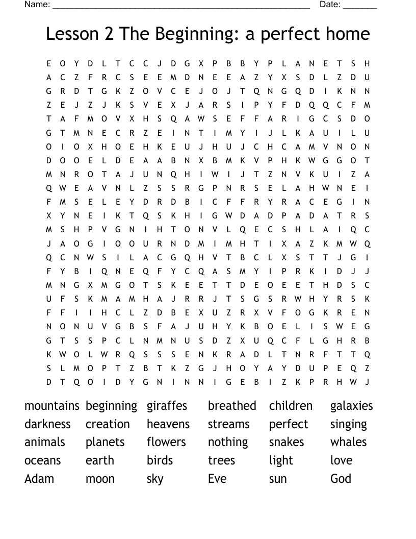 Lesson 2  The Beginning: a perfect home Word Search