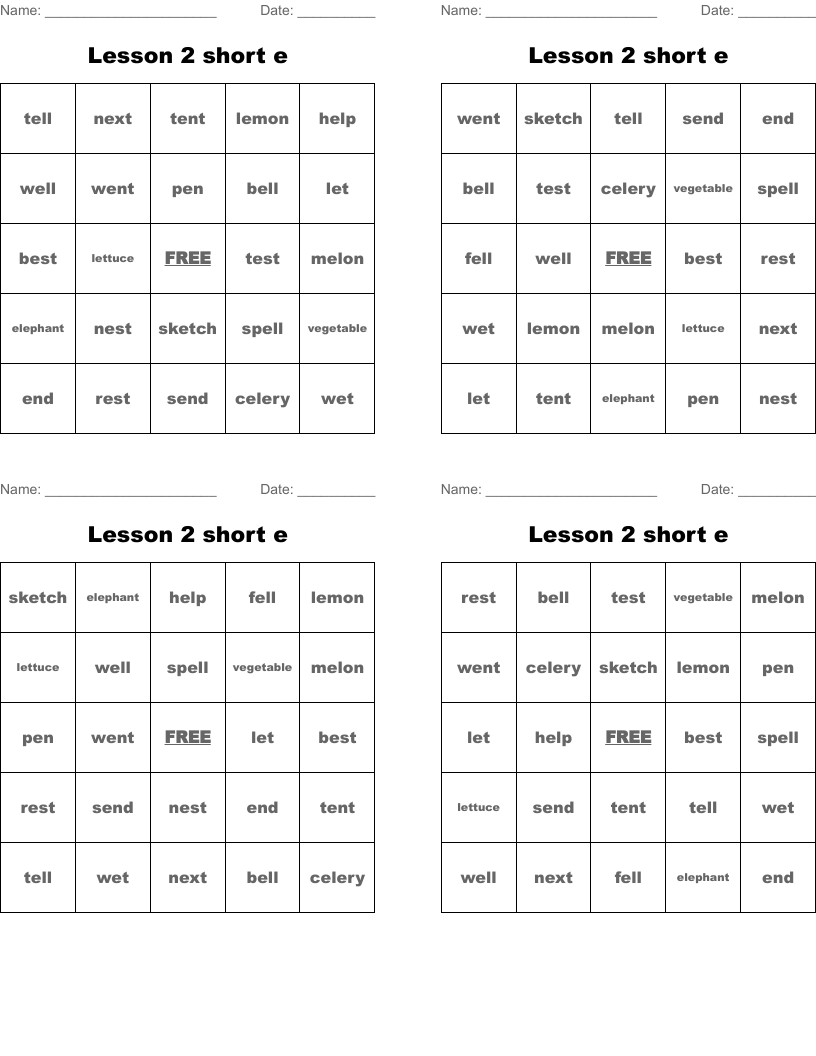 Lesson 2  short e Bingo Cards