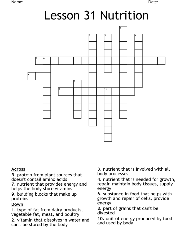 Lesson 31 Nutrition Crossword