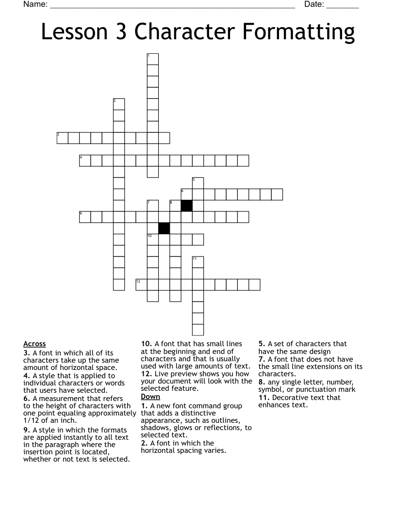 Lesson 3 Character Formatting Crossword