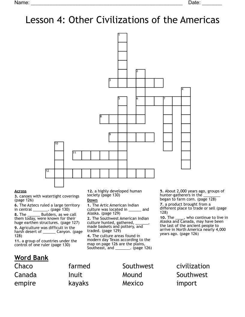 Lesson 4: Other Civilizations of the Americas Crossword