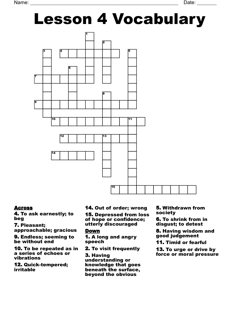 Lesson 4 Vocabulary  Crossword