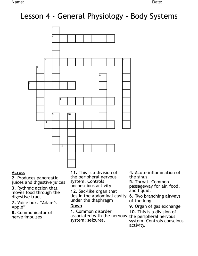 Lesson 4 - General Physiology - Body Systems Crossword